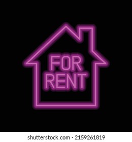 For rent, house simple icon vector. Flat design. Purple neon style on black background.ai