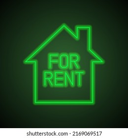 For rent, house simple icon vector. Flat design. Green neon on black background with green light.ai