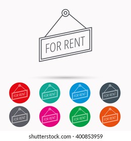 For rent icon. Advertising banner tag sign. Linear icons in circles on white background.