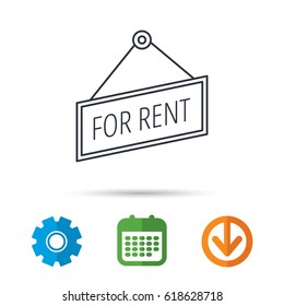 For rent icon. Advertising banner tag sign. Calendar, cogwheel and download arrow signs. Colored flat web icons. Vector