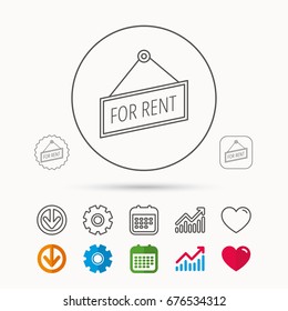 For rent icon. Advertising banner tag sign. Calendar, Graph chart and Cogwheel signs. Download and Heart love linear web icons. Vector