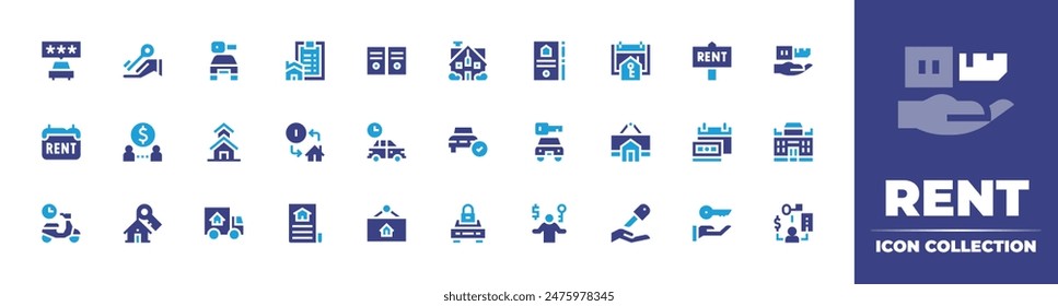 Rent icon collection. Duotone color. Vector illustration. Containing motorcycle, sign, house, handover, rentacar, lease, rent, lockedcar, document, car, exchange.