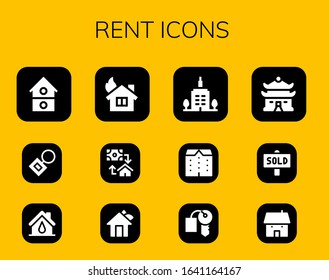 rent icon set. 12 filled rent icons.  Simple modern icons such as: House, Key chain, Mortgage, Skyscrapper, Apartments, Hotel key, Sold