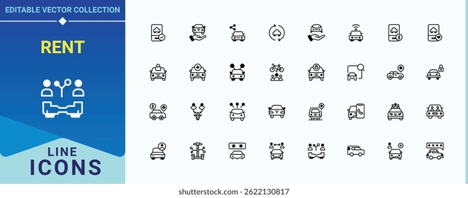 Conjunto de ícones de aluguel. Ele contém símbolos para automóvel, aluguer, transporte, aluguer, táxi, passeio e muito mais. Coleção de ícones do Ride Sharing. Ilustração vetorial moderna. Ilustração e arte vetorial.