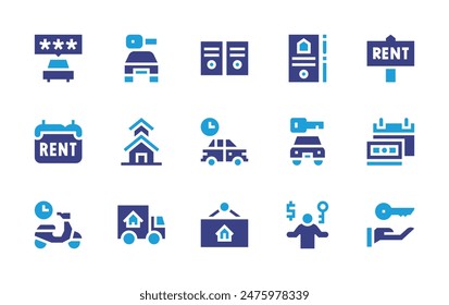 Miete-Icon-Set. Zweitonfarbe. Vektorillustration. Enthaltend Motorrad, Schild, Haus, Eigentum, Auto, Mietwagen, Leasing, Miete, Umzugswagen, Schlüssel.