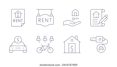 Rent icons. Editable stroke. Containing bikerental, rent, ownership, payment, mortgage, contract, carkey.