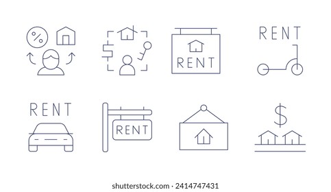 Rent icons. Editable stroke. Containing mortgageloan, scooter, ownership, buy, sign, rent, carrent.
