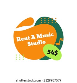 Rent music studio offer badge, emblem with price. Isolated on white color shape with sign, special deal from recording studio. Sticker element design for audio production service, vector illustration