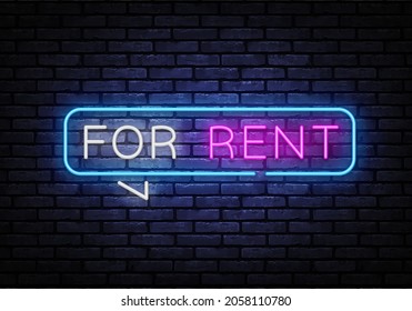 For rent neon sign vector. For rent Design template neon text, light banner, nightly bright advertising, light inscription. Vector illustration