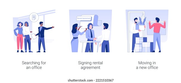 Rent the office isolated concept vector illustration set. Searching for office, signing rental agreement, moving in a new office, real estate agent work, meeting with broker vector cartoon.