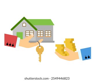 Pago de alquiler. Comprar una casa. Ilustración plana de color simple de Vector.
