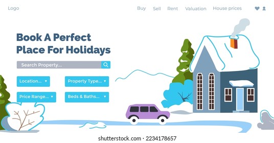 Rent perfect house for holidays, book home for rest with family during winter season. Building with spot for car, forest and snowy landscape. Website landing page, internet site. Vector in flat style