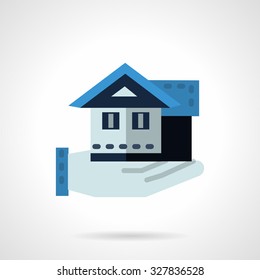 Rent of property or house insurance symbol. Hand holds a house. Blue color flat style vector icon. Web design elements for business and site. 