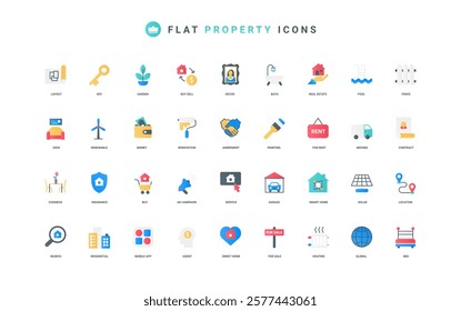 Rent, purchase and sale of real estate and property color icon set. Smart home services and insurance shield, location and comfortable interior decor, garage flat elements vector illustration