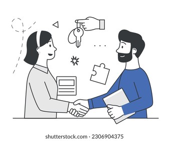 Rent and sale of real estate. Buying apartment or car and drawing up lease agreement. Simple icon with man, client, woman and keys. Leasing and home mortgage concept. Cartoon flat vector illustration