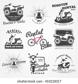 Rent, sale and repair - bicycles, mopeds and scooters. Bicycling Club. Detailed elements. Old retro vintage grunge. Scratched, damaged, dirty effect. Typographic labels, stickers, logos and badges. 