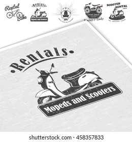 Rent, sale and repair - bicycles, mopeds and scooters. Bicycling Club. Detailed elements. Old retro vintage grunge. Scratched, damaged, dirty effect. Typographic labels, stickers, logos and badges.