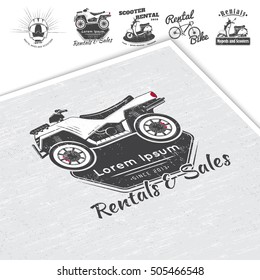 Rent, sale and repair - bicycles, mopeds and scooters. Bicycling Club. Detailed elements. Old retro vintage grunge.Mockup style. Typographic labels stickers logos and badges. Mockup style