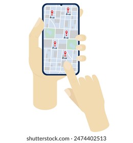 Rent a scooter, find the nearest scooter on the phone map in your hand, on a white background. Flat style, front view, concept - rental, scooter rental, application, business.