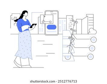 Alugue uma scooter isolada ilustrações de vetor de desenhos animados. Garota sorridente alugar scooter elétrico via aplicativo smartphone, tecnologia moderna, pessoas estilo de vida urbano, cidade transporte vetor cartoon.