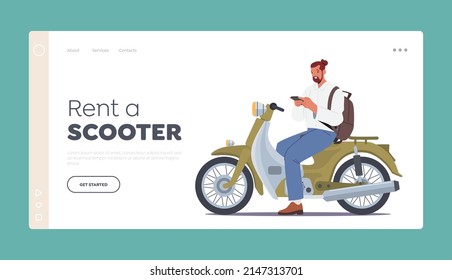 Rent a Scooter Landing Page Template. Male Character Rider Motorcyclist Riding Motorcycle. Man with Backpack Driving Vintage Bike, Modern City Transport. Cartoon People Vector Illustration