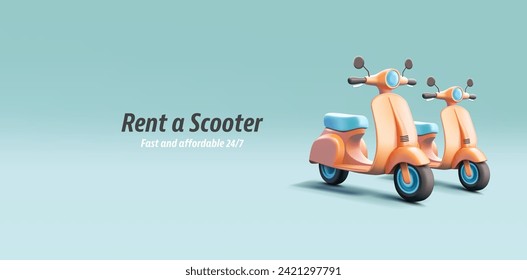 Rent a scooter service banner with 3d realistic render cartoon illustration of retro motorbikes