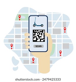 Rent a scooter from your smartphone, scan the code, phone in hand on the city map. Code, scooter on the screen of a mobile phone in hand. On a white background.