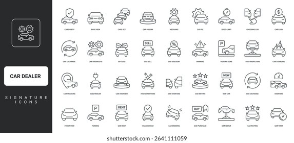 Rent and sell automobile, car review thin black outline symbols vector illustration. Car dealer and dealership business, auto showroom with new vehicles, price and guarantee line icon set.