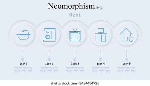 Rent set icon. Bathtub, coffee maker, television, desk with computer, house with shield, home amenities, rental services, property management