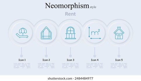 Rent set icon. Beach chair with umbrella, house outline, arched window, square meter symbol, house with windows, property rental, housing market, vacation rental, real estate