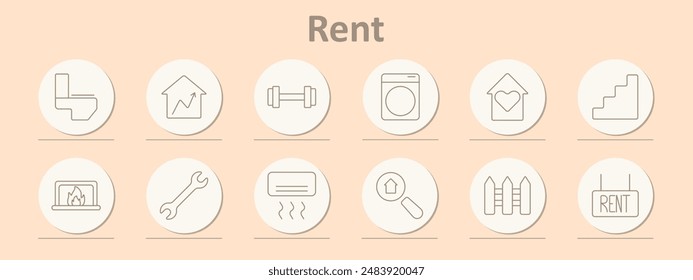 Rent set icon. Building, location, secure, property, shop, curtains, eco-friendly, magnifying glass, plug, home, house.