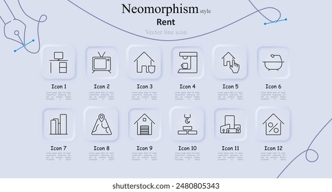 Rent set icon. Desk, TV, house, coffee machine, click on house, bathtub, bar graph, location, garage, crane, building, house percentage. Real estate, property management, and rental