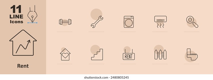 Rent set icon. Dumbbell, wrench, washing machine, air conditioner, magnifying glass, house, stairs, rent sign, fence, toilet search, repair, home, real estate, property, maintenance, utilities, rental