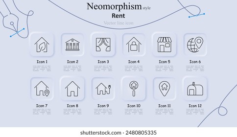 Rent set icon. Eco house, courthouse, curtains, bedroom, store, global location, house with location pin, electricity, magnifying glass, mailbox. Real estate, property management, and rental concept