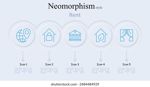 Rent set icon. Globe with location pin, house with lock, house with columns, house with leaf, window with curtains, real estate, rental, property management