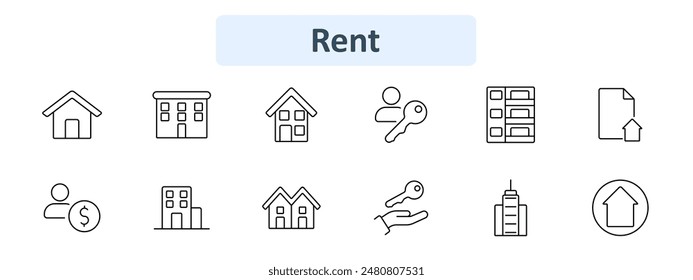 Rent set icon. House, apartment, house with key, document, person with money, high-rise building, keys, hand holding keys, skyscraper. Real estate, property rental, leasing, housing market, ownership