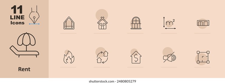 Icono de conjunto de alquiler. Casa, cabina, ventana, metro cuadrado, fuego, cambio, signo de dólar, megáfono, Plan. Concepto de propiedad y alojamiento. Icono de línea de Vector sobre fondo beige.