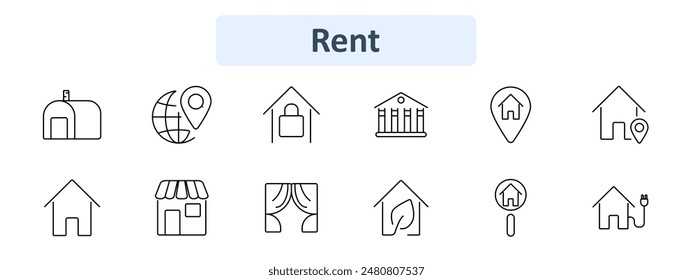Icono de conjunto de alquiler. Casa, globo, pin de ubicación, casa cerrada, banco, tienda, cortinas, casa ecológica, casa con enchufe. Concepto de mercado inmobiliario, alquiler inmobiliario, arrendamiento, alquiler de viviendas