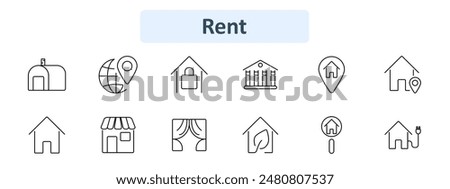 Rent set icon. House, globe, location pin, locked house, bank, store, curtains, eco house, house with plug. Real estate, property rental, leasing, housing market concept