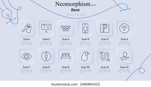 Rent set icon. Key with tag, TV, star rating, smartphone, parking, wifi, eye, lightning, bed, dropper, pipe, hand with house. Real estate, amenities, and rental services concept