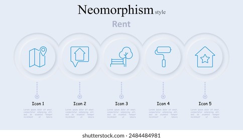 Rent set icon. Map with location pin, speech bubble with house, park bench, paint roller, house with star, real estate rental, home services, outdoor spaces, renovation