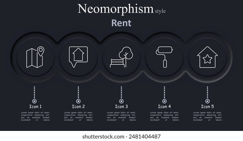 Rent set icon. Map, message, park, roller, house, property, real estate, location, paint, residence, neighborhood, rental, vector, illustration, neomorphism, icons.