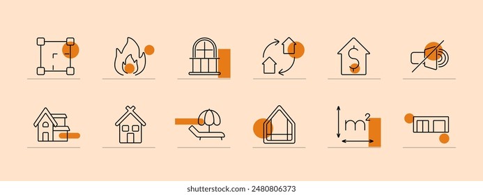 Rent set icon. Map pin, house icon, park bench, garage, sofa, elevator, house star, paint roller, people, information, rent sign. Property rental, housing, furniture, amenities, location concept.