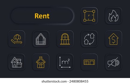 Rent set icon. Map pin, house icon, park bench, garage, sofa, elevator, house star, paint roller, people, information, rent sign. Property rental, housing, furniture, amenities, location concept.