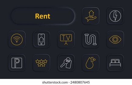Icono de conjunto de alquiler. Wi-Fi, hogar inteligente, TV, plomería, seguridad, estacionamiento, clasificación, llaves de la habitación, vista de la casa, dormitorio. Propiedad, alquiler, concepto de servicios de alquiler.