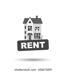 Rent sign with house. Home for rental. Vector illustration in flat style.