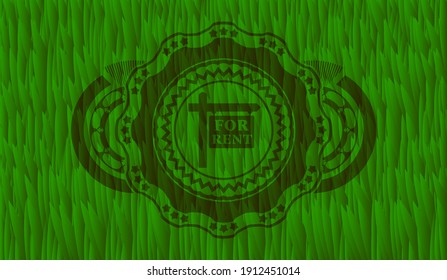 For rent sign icon inside grass pasture badge. Eco fashionable background. Intense illustration. 