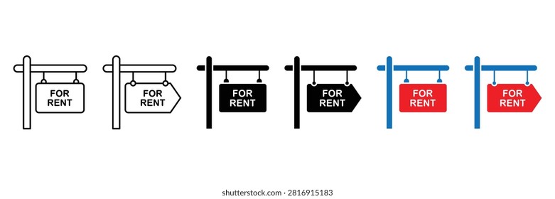 For rent sign icon set, real estate property rental board collection, house apartment lease wooden post sign black line and solid red and blue colo.