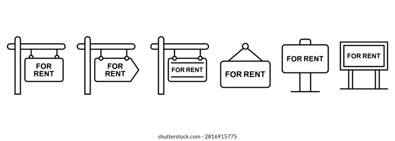 For rent sign icon set for real estate property leasing marketing, home apartment rental wooden board billboard outline vector illustration.