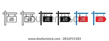 For rent sign icon set, real estate property rental board collection, house apartment lease wooden post sign black line and solid red and blue colo.